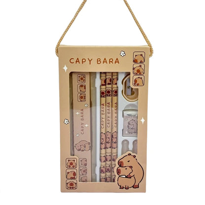1Set 8 In 1 Student Stationery Capybara Pencil Ruler Eraser Sharpener Set Office Accessories School Writing Supplies Kids Gifts