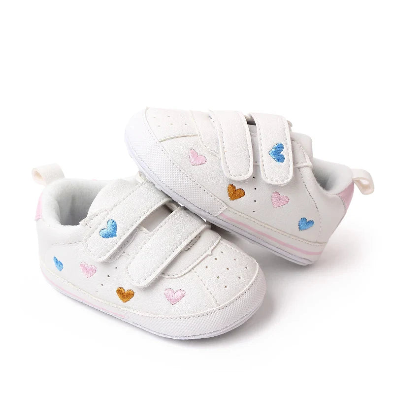 Baby White PU Sneaker Non-slip for Toddler Boys and Girls Cute Embroidery Stars and Hearts
