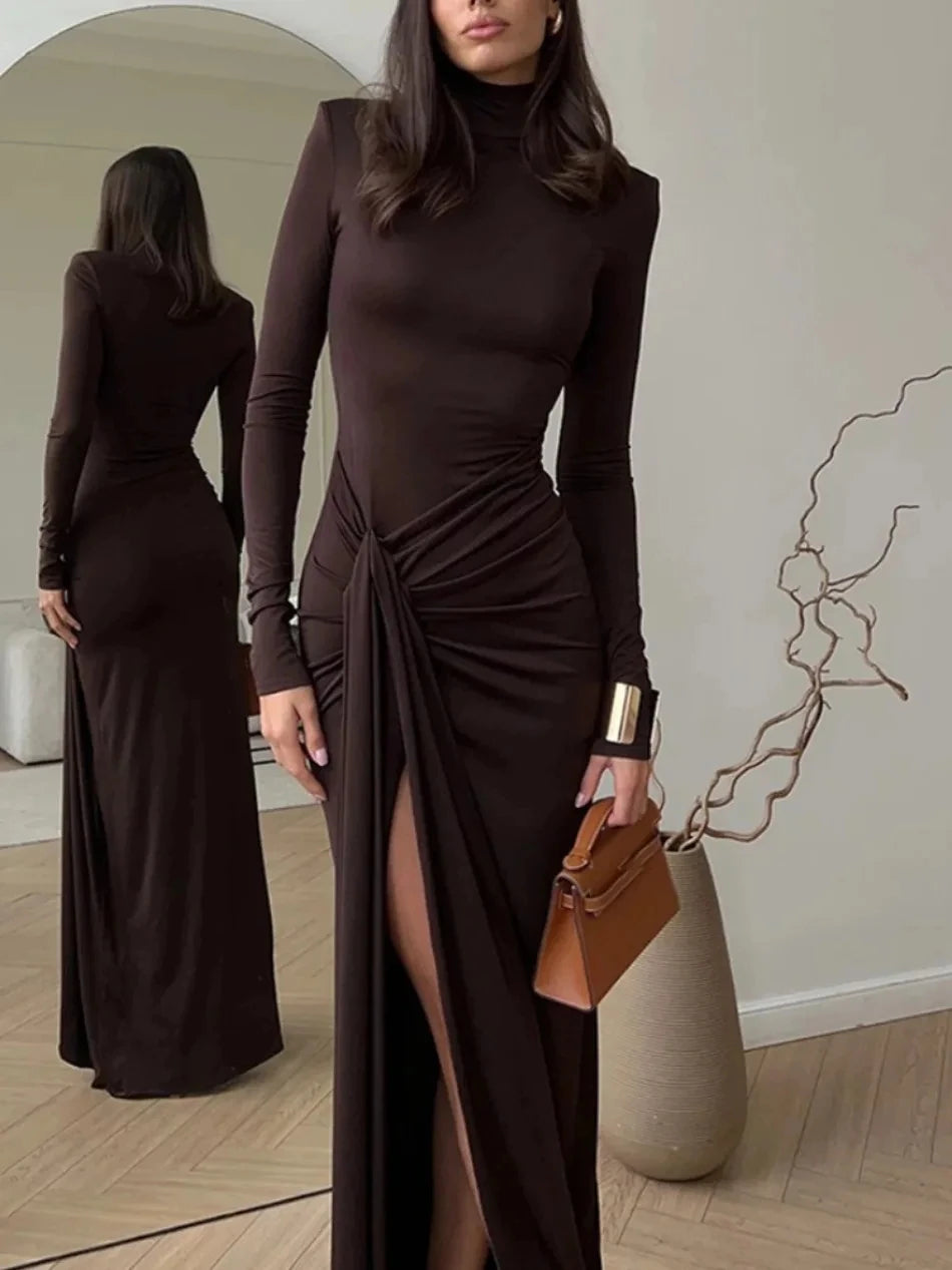 Women‘’s Dresses Autumn and Winter Fashion Sexy High-neck Long-sleeve Solid Color Dress with Waist Tie Club Long Dress