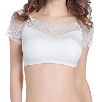 Women Lace Square Neck Short Sleeve Summer Soft Tank Top With Chest Pad Crop Top Femme Tank Fashion Party Tight Fitting Clothing