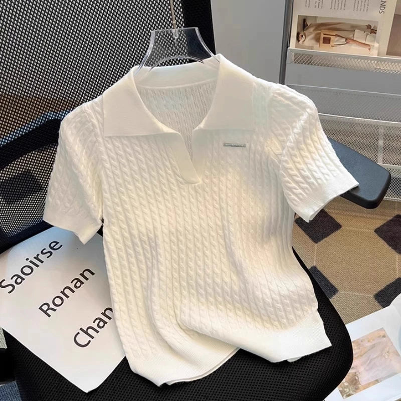 White  irt ort Sve Knitted Top Women's oulder Straight Summer T-irt Commute Sle Korean Version Straight Tube