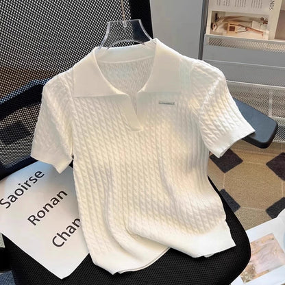 White  irt ort Sve Knitted Top Women's oulder Straight Summer T-irt Commute Sle Korean Version Straight Tube