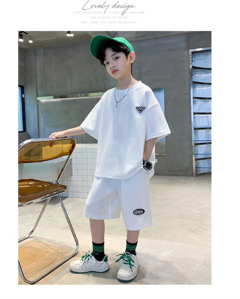 New Teenager Casual Outfits Children Trends Clothes Suits Kids Short Sleeves Tops+Baggy Pants 2Pcs
