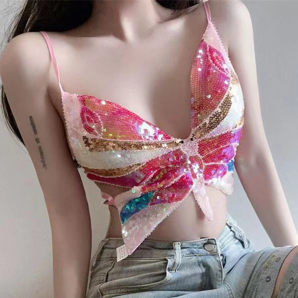 Sequin Tie up Vest Dance Party Sequin Backless Top Women's Fashion Personality Suspender Design Beautiful Back Style