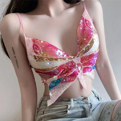 Sequin Tie up Vest Dance Party Sequin Backless Top Women's Fashion Personality Suspender Design Beautiful Back Style