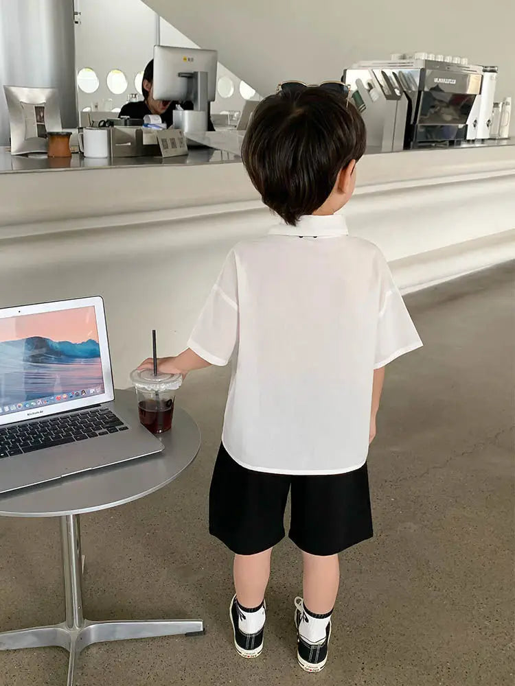 Teens Boys Summer Set Children's Wear Thin 2025 New Handsome British Style Boy White Cotton Short Sleeved Shirt+Black Shorts+Tie