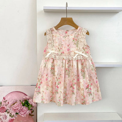 Girls Flower Dress Summer Retro Flying Sleeve Princess Dresses Children Casual Clothes 2-6Yrs Kids Pink Flower Bow Party Dress