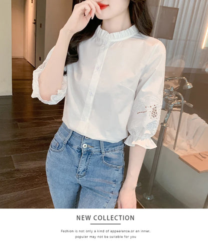 Ele Embroidered ort Sve irt Women's Summer New Design Korean Sle Commute Lantern Sve White irt for Ladies