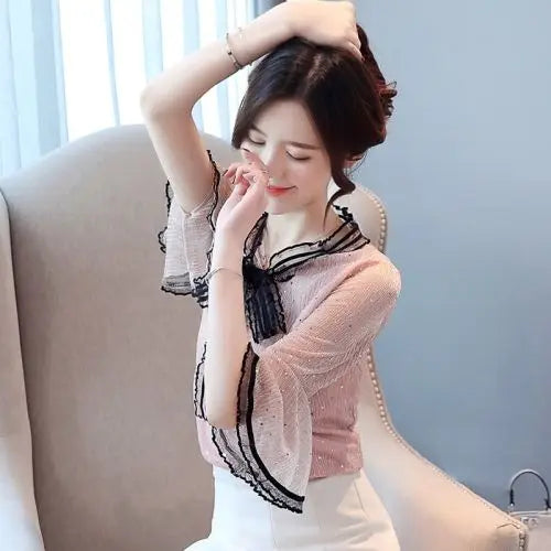 Chiffon Base Shirt with Mid Sleeves Versatile New Spring Sweet and Fashionable Korean Women's Top