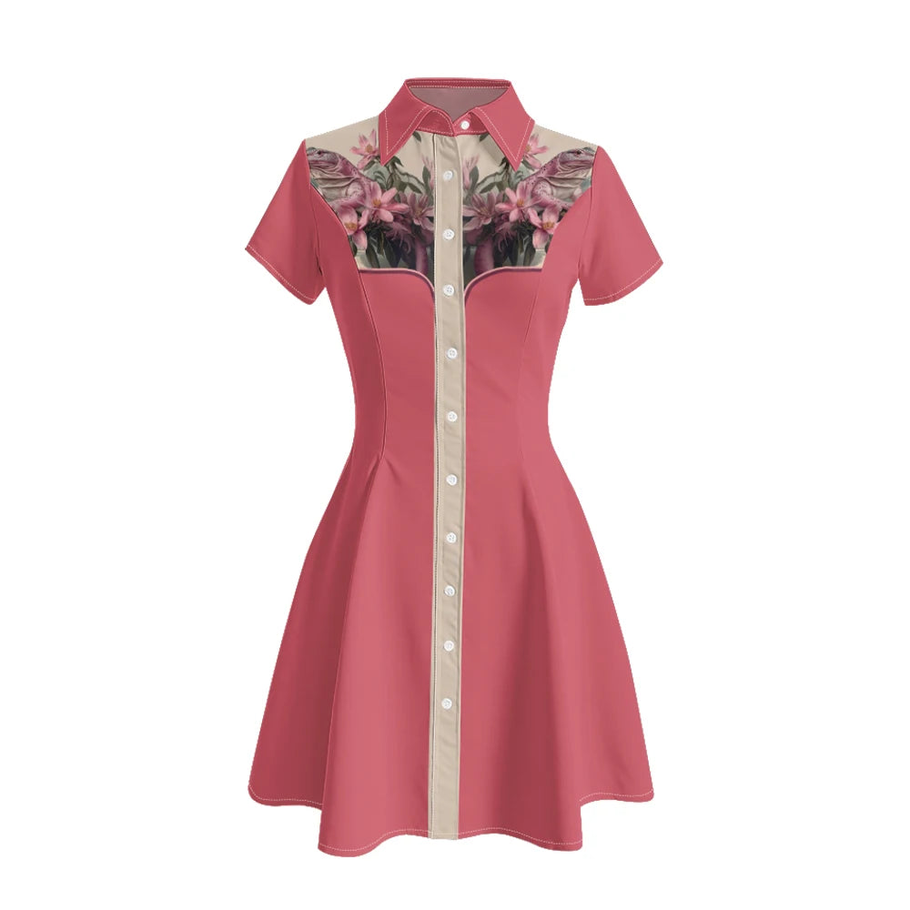 Women's Western Shirt Dress with Music Notes and Dolphin Print Cowboy Collar Button Up Pure Cotton Midi Dress Casual Boho Style