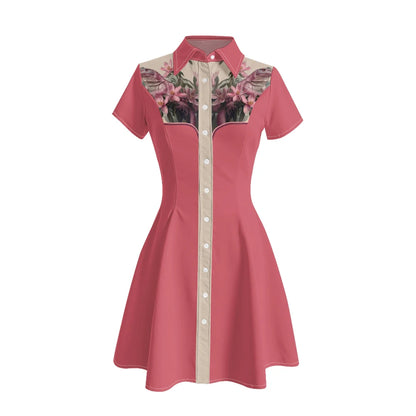 Women's Western Shirt Dress with Music Notes and Dolphin Print Cowboy Collar Button Up Pure Cotton Midi Dress Casual Boho Style