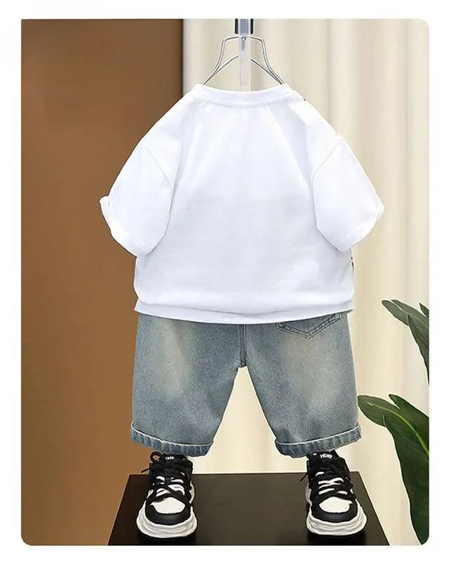 Boys Summer Clothing Set Letter Print Short Sleeved T-shirt+Denim Shorts 2Pcs Suit For Kids Handsome Casual Outfit