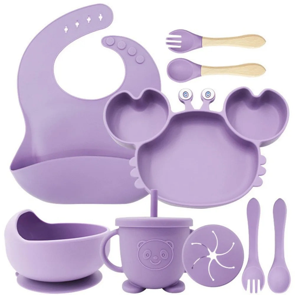 Baby Feeding Set 9PCS Silicone Crab Bowl Plate Spoon Fork Toddler Tableware Kids Dish Infant Utensils