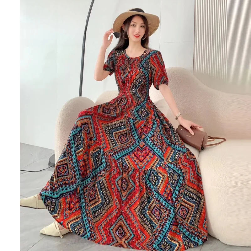 Summer New Cotton Silk Dr Casual High Waist Floral Print Beachwear Outerwear Slimming Waist Long Skirt A-Line Gown