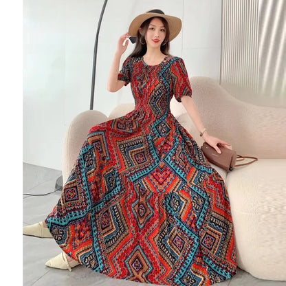 Summer New Cotton Silk Dr Casual High Waist Floral Print Beachwear Outerwear Slimming Waist Long Skirt A-Line Gown