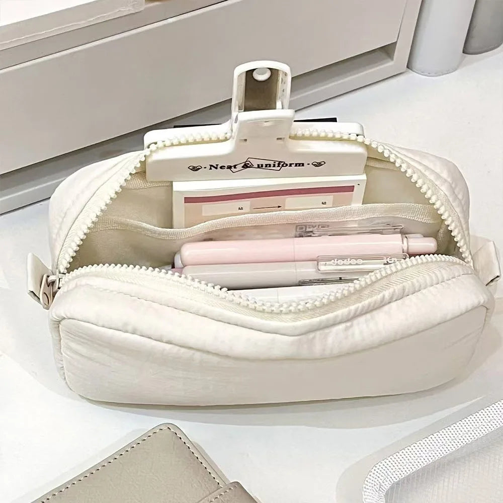 Simplicity Solid Color Pen Bag Zipper Design Large Capacity Pencil Case Portable Stationery Bag Gift