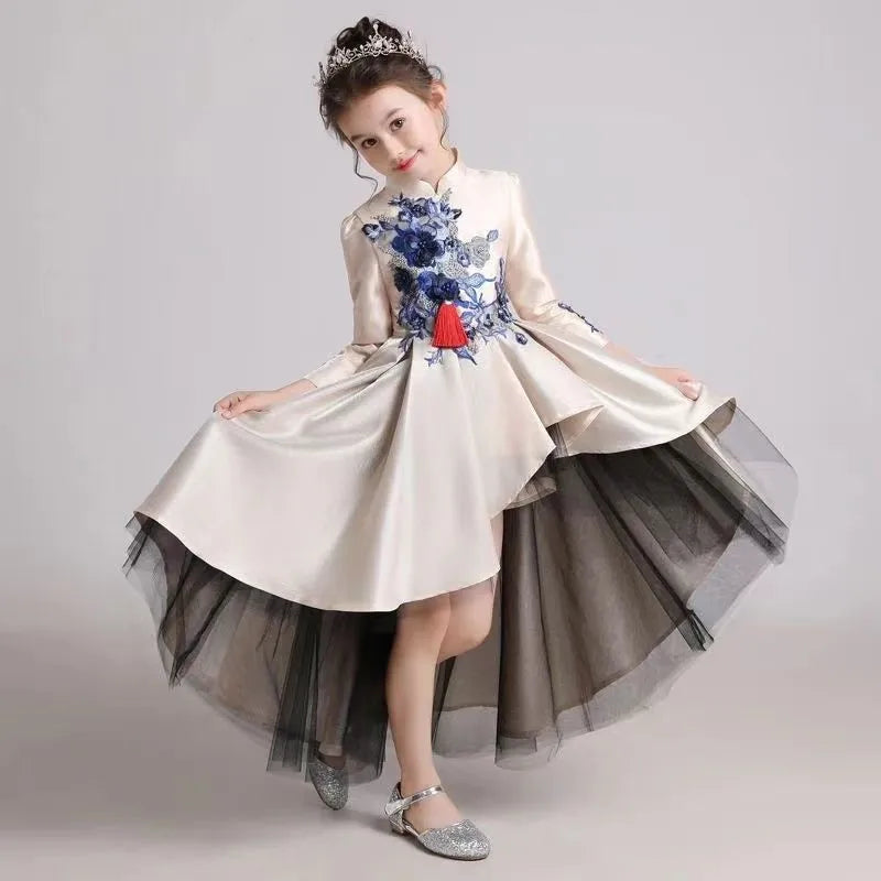 Girls' Fashion Evening Dress Children's Chinese Style Host Piano Performance Costume Dress Kids' Stand up Embroidered SkirtLI852 (Available)