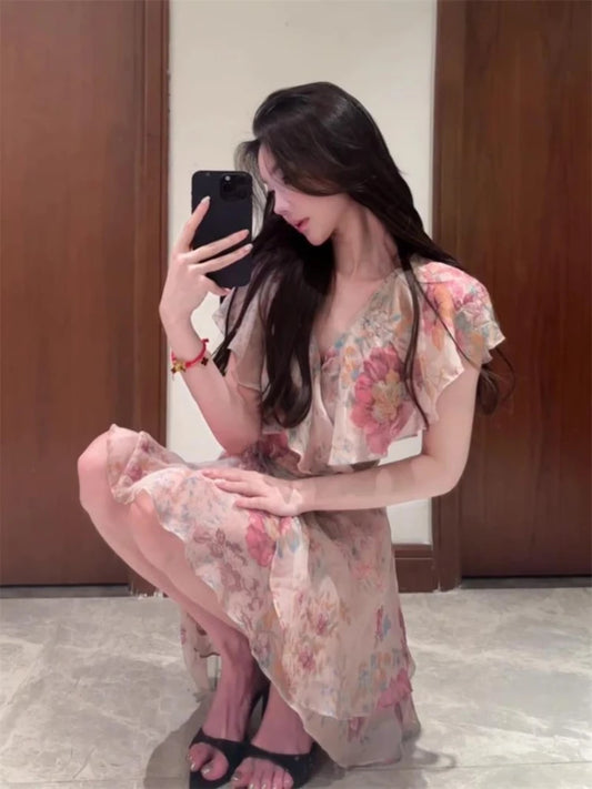 2025 Vestidos De Mujer Summer Vintage Dress Women Clothing V Neck Printing Temperament Robe Femme Ruffled Bandage Mini Dresses