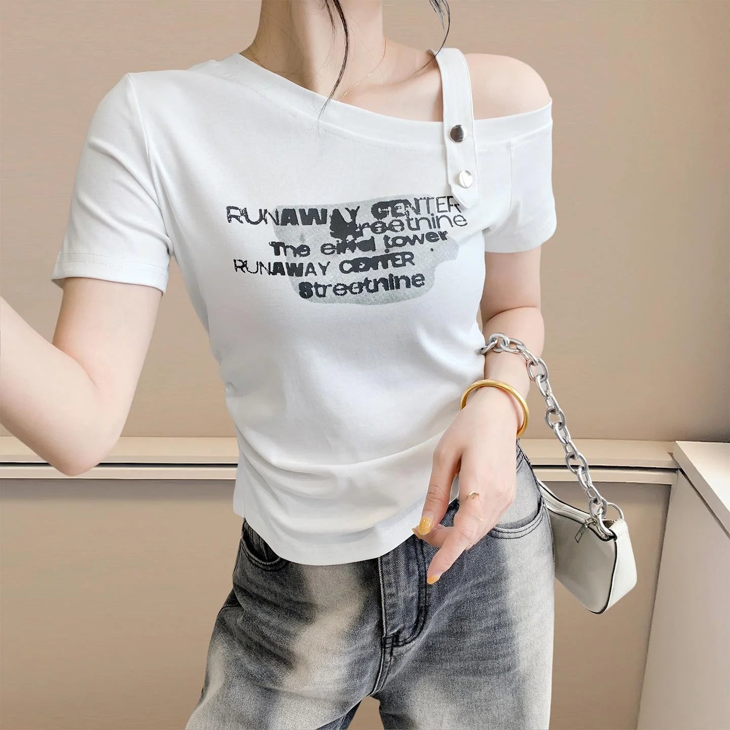 Sexy oulder Bared T irt Women's ort Sve Asymmetrical Collar Faionable Slimming Top Korean Sle Cotton Blend Summe...