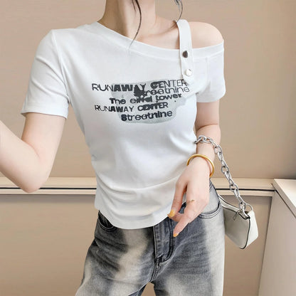 Sexy oulder Bared T irt Women's ort Sve Asymmetrical Collar Faionable Slimming Top Korean Sle Cotton Blend Summe...