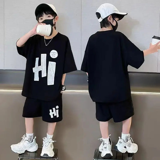 New Boys Sport Clothing Sets Summer Big Kids Loose Clothes Suit Short Sleeve Tops+Shorts 2Pcs Children Fashion Handsome Outfits