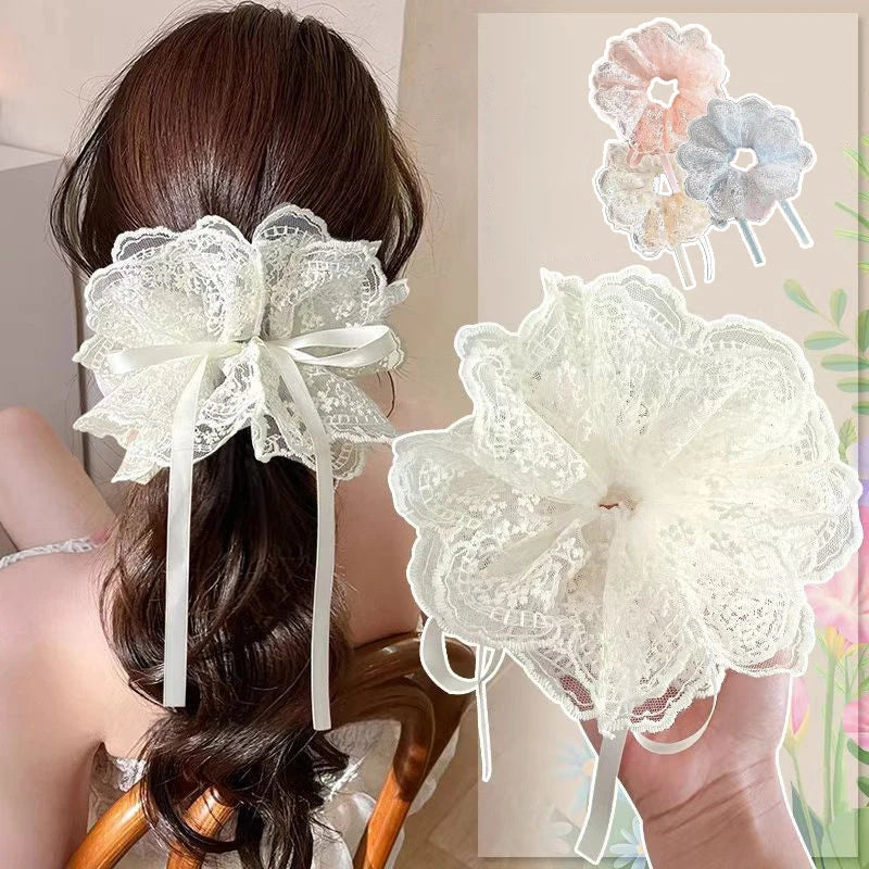 Sweet Drawstring Bow Lace Hair Scrunchies For Women Elastic Hair Bands Ponytail Holders Girl Hair Accessories