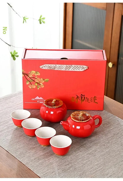 Auspicious Red Ceramic Tea Set Gift Box - Chinese New Year Wedding Corporate Gifts, Good Fortune Design Teapot & Cups