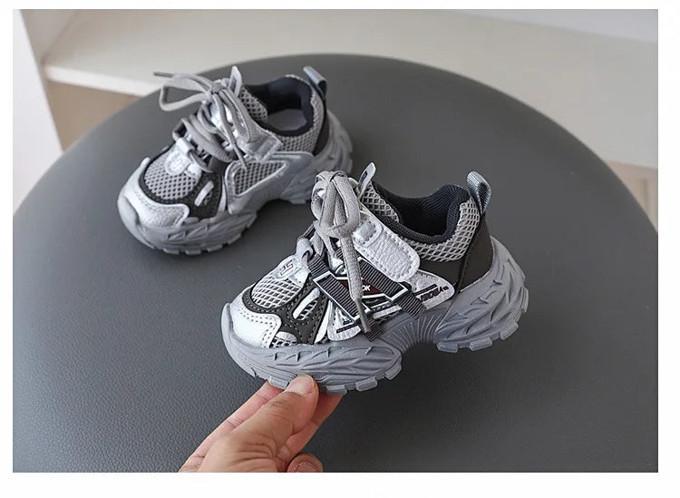 Children Sport Shoes Spring Autumn Kids Sneakers Soft Breathable Mesh Shoes Boys Girls Lace-up Running Shoes Gray, Black