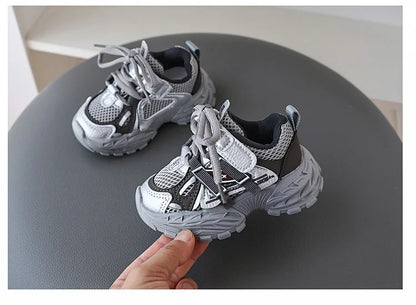 Children Sport Shoes Spring Autumn Kids Sneakers Soft Breathable Mesh Shoes Boys Girls Lace-up Running Shoes Gray, Black