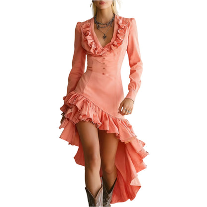 Retro Western Countryside Style Dress Ruffle Lace Collar Irregular Hem Dress Winter Women'S Fashionable Dress