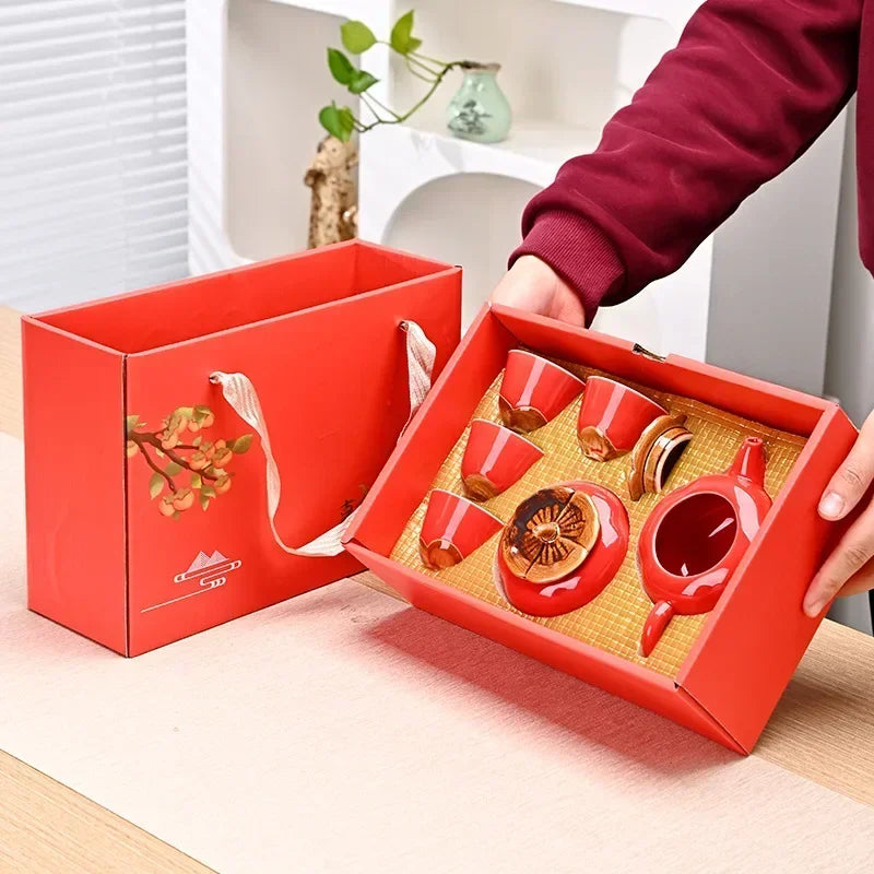 Auspicious Red Ceramic Tea Set Gift Box - Chinese New Year Wedding Corporate Gifts, Good Fortune Design Teapot & Cups