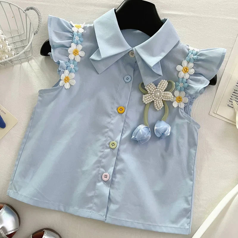 Summer New Baby Floral Short Sleeve Puff Sleeve Top Elastic Waist Pleated Skirt Girls' Set17401 (Available)