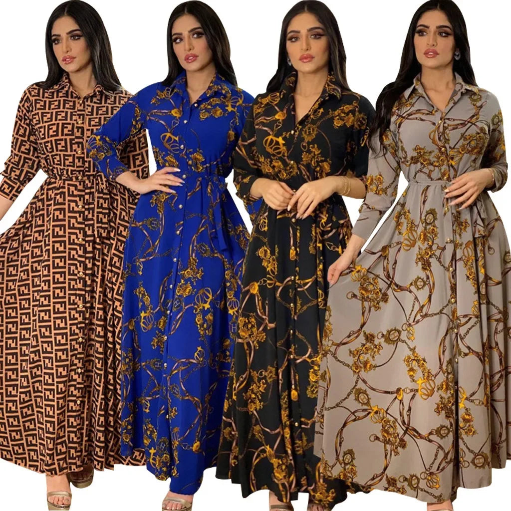 Women's Fashion  New Sexy Elegant Dress Temperament Digital Printing Long Shirt Dress Ladies Elegant Commuter Casual Dress