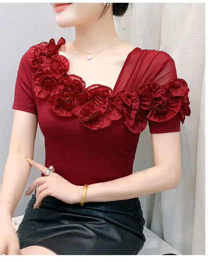 Faionable Floral Lace Ear ort Sve Slimming Me oulder Bared T-Shirt Women's Casual Sle Polyester Fabric Tee irt