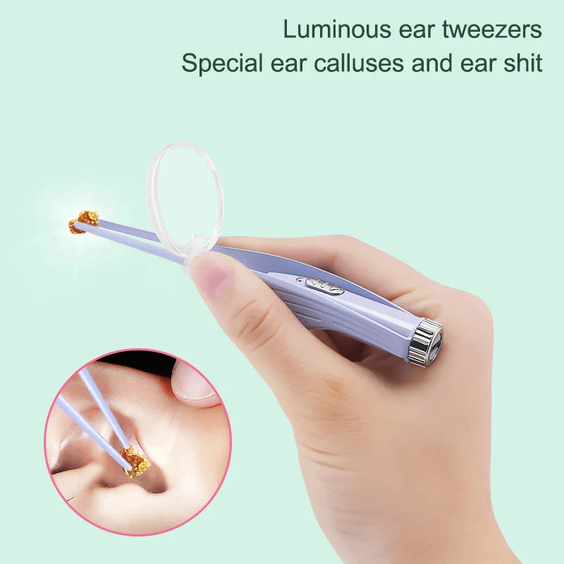 Baby Ear Cleaner Tweezer Soft Ear Picks LED Flash Light Ear Wax Curette Picker Ear Cleaning Tool Ear Wax Dig Removal Earpick Set