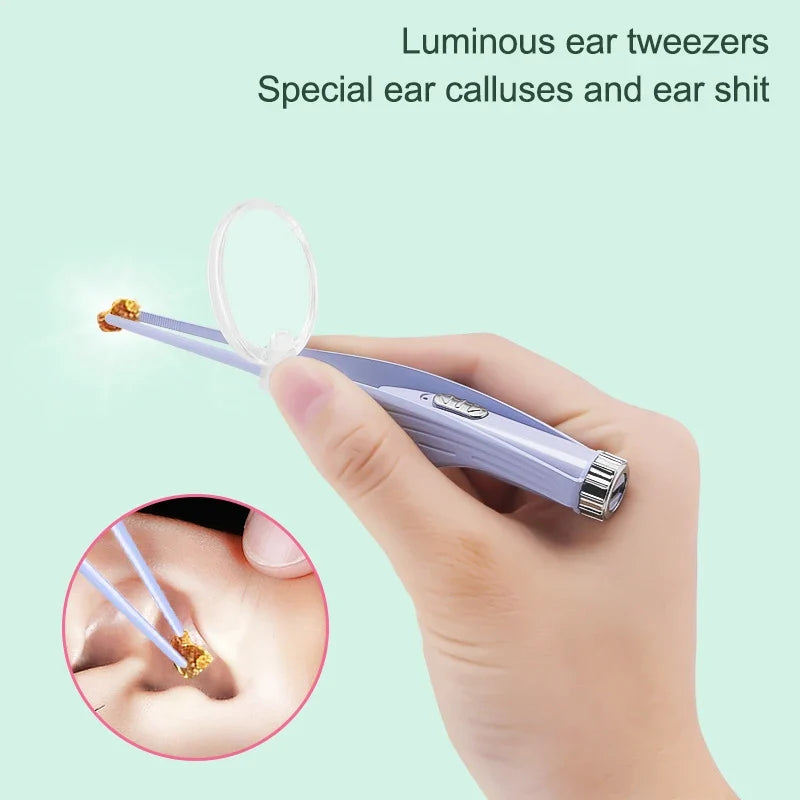 Baby Ear Cleaner Tweezer Soft Ear Picks LED Flash Light Ear Wax Curette Picker Ear Cleaning Tool Ear Wax Dig Removal Earpick Set
