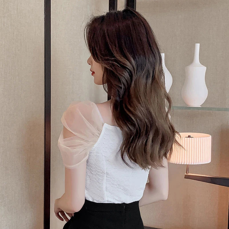 Summer Mesh Spliced Women Puff Sleeve Square Neck T Shirts Lady French Fashion Elegant Sweet Slim Fit Clothing Tops Black White