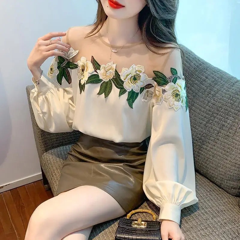 Fashion Women's Blouse Shirt Patchwork Long Sleeve Mesh Perspective Embroidered Flowers Chiffon Shirt Sexy Apricot Floral Shirt
