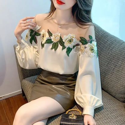Fashion Women's Blouse Shirt Patchwork Long Sleeve Mesh Perspective Embroidered Flowers Chiffon Shirt Sexy Apricot Floral Shirt