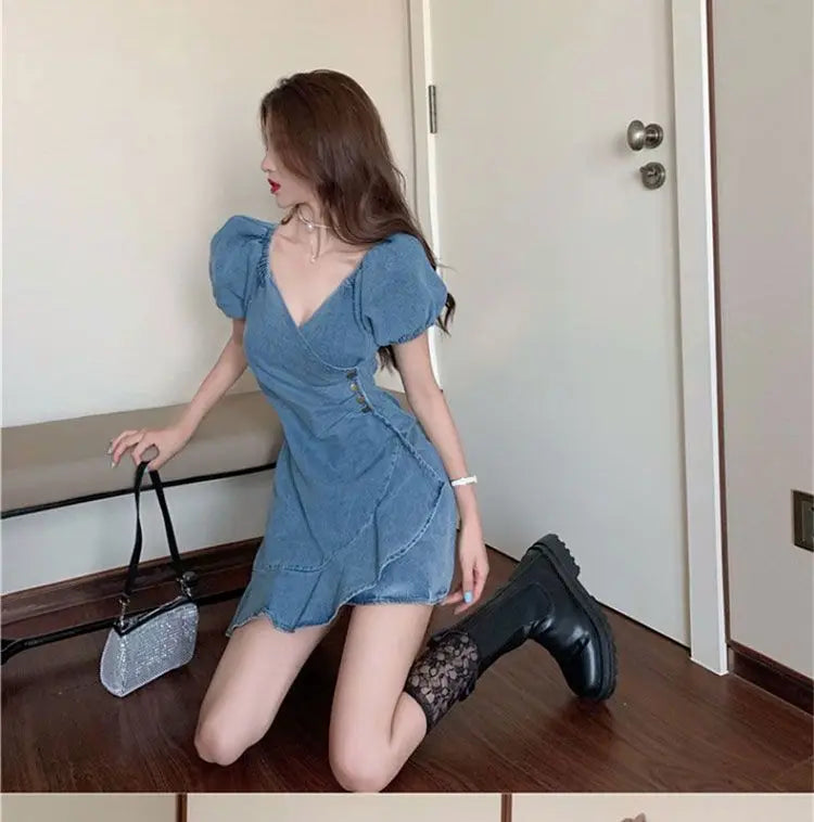 French Denim Dress Women's Summer Thin Waist Short Skirt