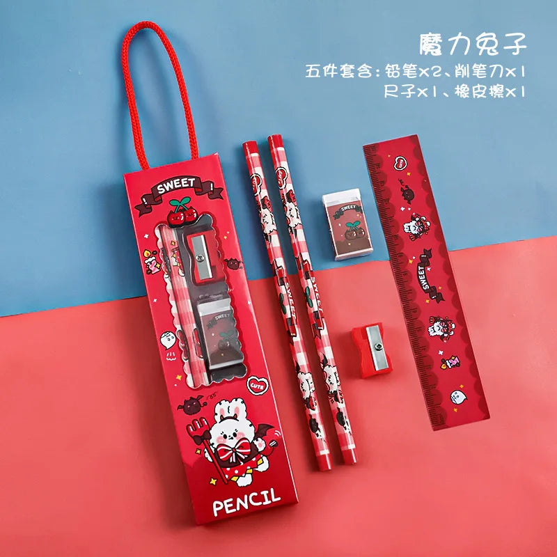 5pcs/Set Cute Cartoon Pencil Stationery Set Children Student Back To School Stationery Supplies Kawaii Kids Prize Christmas Gift
