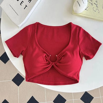 Xingqing Summer Crop Tops y2k Women Sexy Clothes Solid Color Metal Ring Short Sleeve Padded T Shirts 2000s Clothing Streetwear