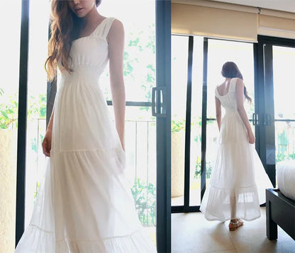 Summer 2025 White Long Svel Fro Beach Gown with Vest Ba Design Hing Waist Skimpy Sle Chiffon Dr for Women