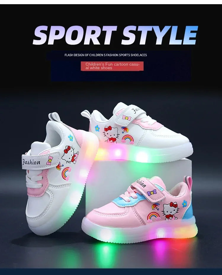 Spring Autumn Baby Girls Hello Kitty Led Light Shoes Children's Sneakers Toddler Anti-slip Walking Shoes Girls Outdoor Shoes