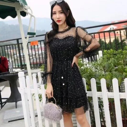 Mesh Dresses Women Patchwork Sequined Holiday O-Neck Spring Korean Style Elegant Vestido Feminino Sweet College Female Popular