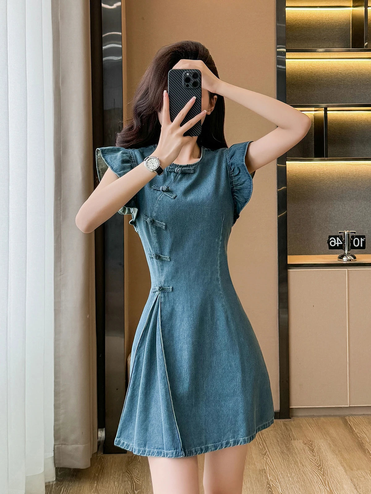 Women's ort Denim Dr A-Line Waist Cinching round Ne Button Sle High Waist Slimming Spring Summer Cotton Blend