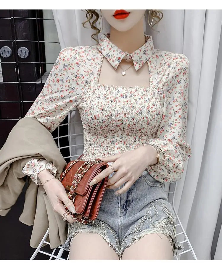 2025 Floral Chiffon Shirt New Spring Summer Women Collect Waist Hollow Out Tops Vintage Blouse Women Longsleeve Short Shirt 3XL