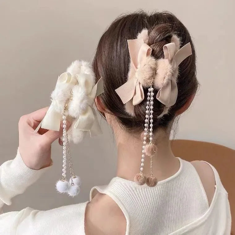 New Elegant Plush Hair Claw Plush Bow Tassel Temperament Girls Women Headdress Shark Clip Winter Accessories Hair Cute