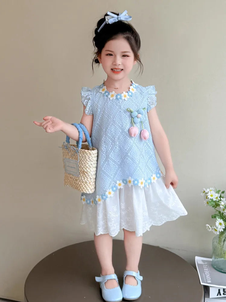 New Children's Fly-sleeved Skirt Summer Dress Girls Princess Dress Girls Vest Skirt (Available)