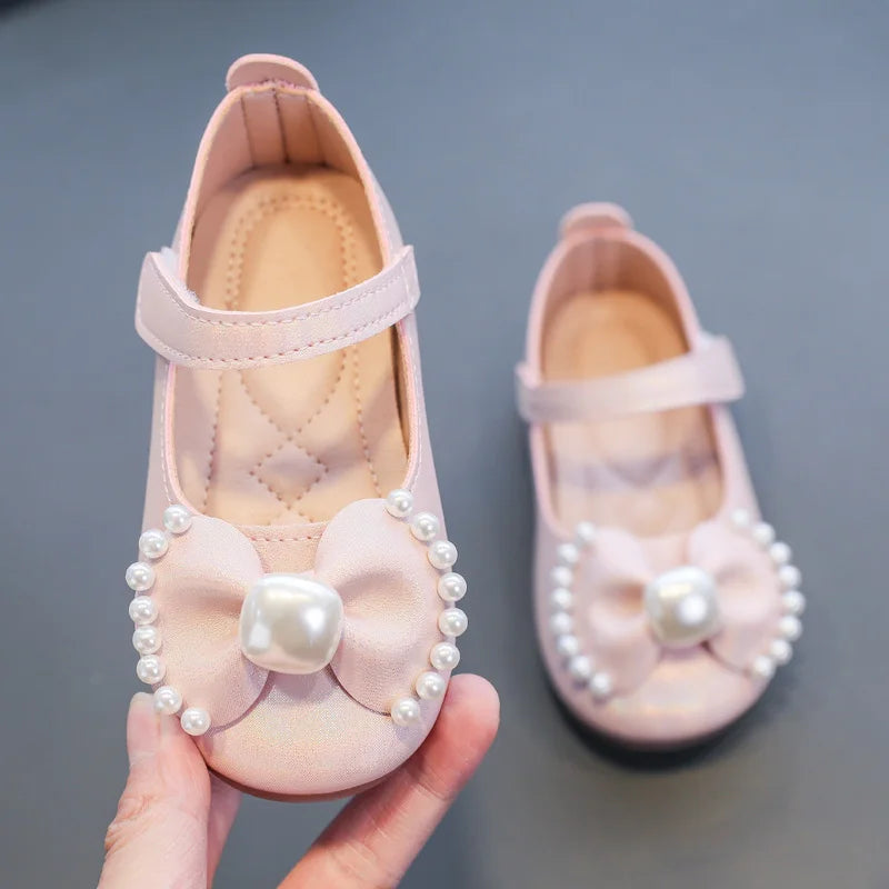 Girl's Leather Shoes Casual Simple Bowtie with Pearls 2024 New Flat Shoes Soft Sole Baby Kids Dress Shoes Children Party Flats